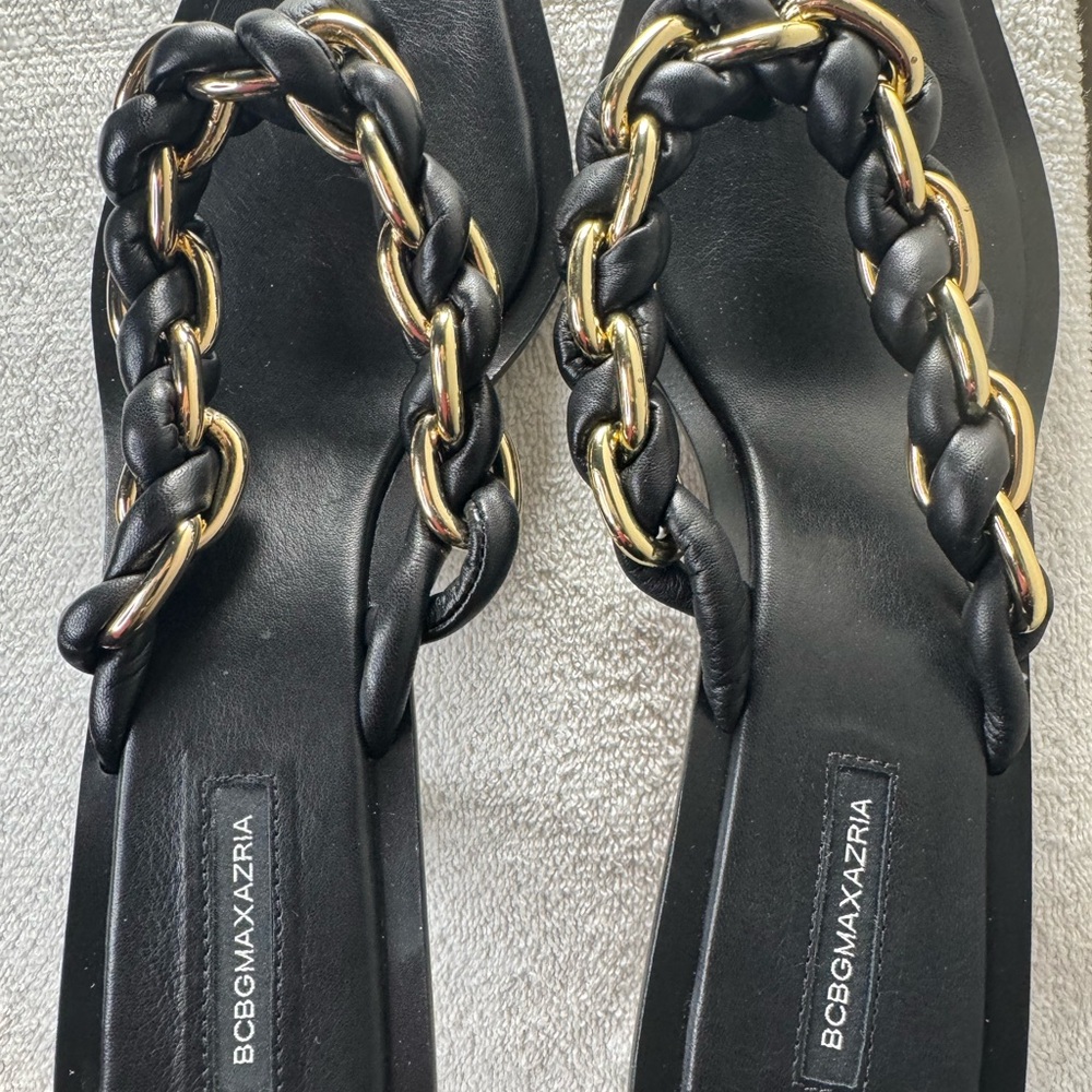 BCBGMaxAzria Black Mules with Gold Chain Accent